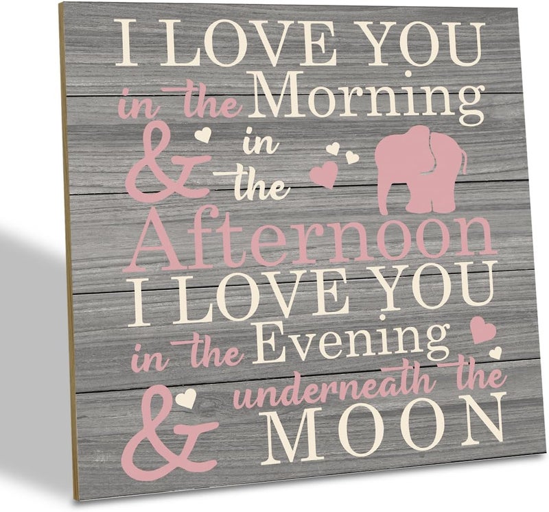 SUSZDOU Love Sign, Wood Plaque Table Art Sign 6.2 * 6.2inch, Elephant Wood Sign for Nursery, Decoration for Baby Girls Room, Daughter's Room Decor, I Love You in the Morning Afternoon Evening & Moon - Image 1